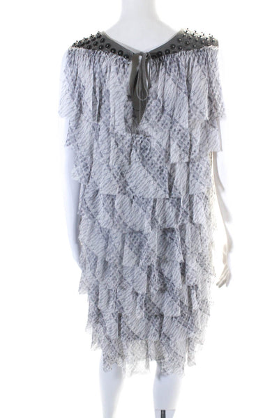 Thomas Wylde Womens Printed Tiered Chiffon Studded Suede Dress Gray Size Small