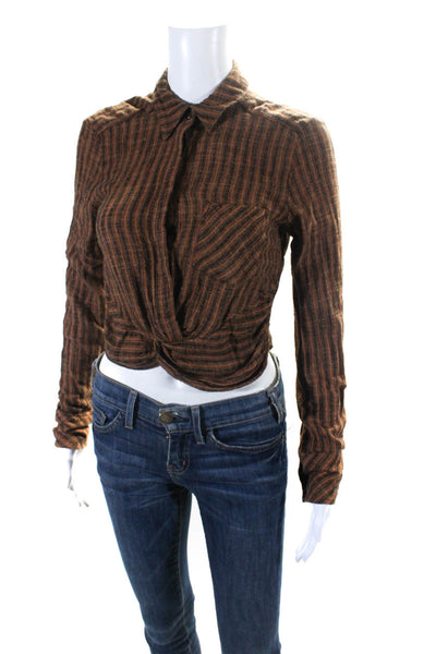 Free People Womens Striped Collared Knotted Front Blouse Top Brown Size XS