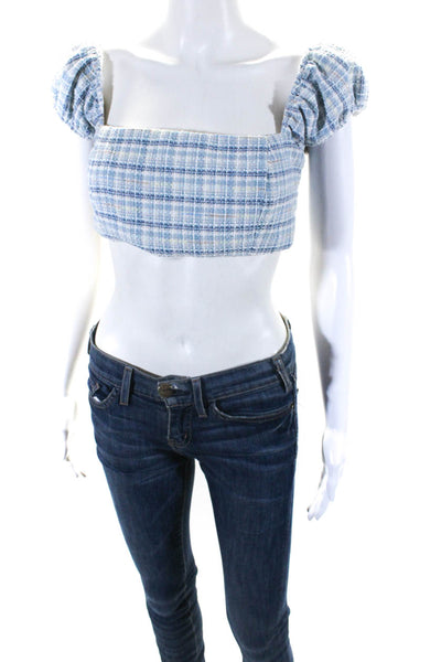 Majorelle Womens Tweed Smocked Back Puff Sleeve Crop Top Blouse Blue Size 1