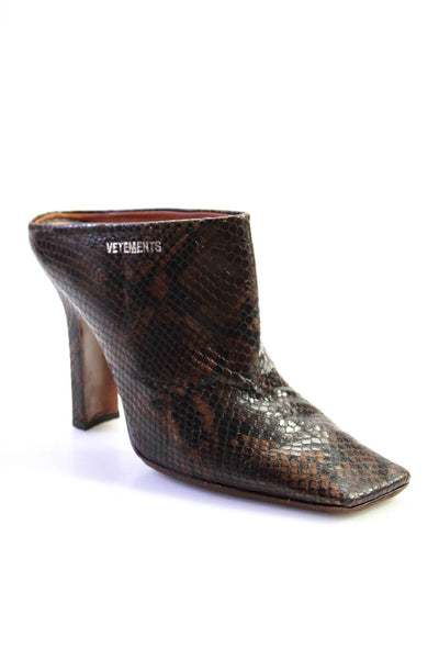 Vetements Women's Square Toe Snake Print Square Heels Mules Sandals Brown Size 6