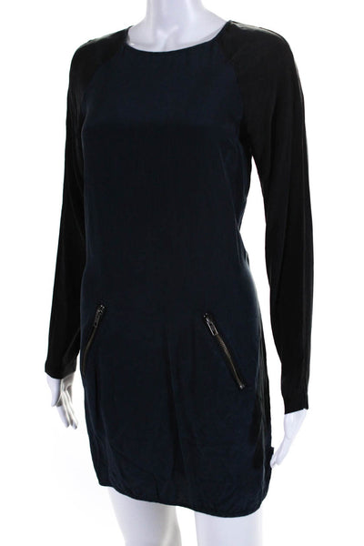 David  Lerner Women's Round Neck Long Sleeves Silk Mini Dress Navy Blue Size S