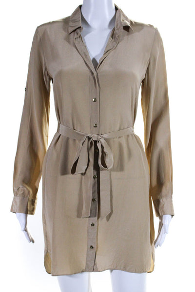 Club Monaco Women's Collared Long Sleeves Silk Button Up Mini Dress Beige Size 0