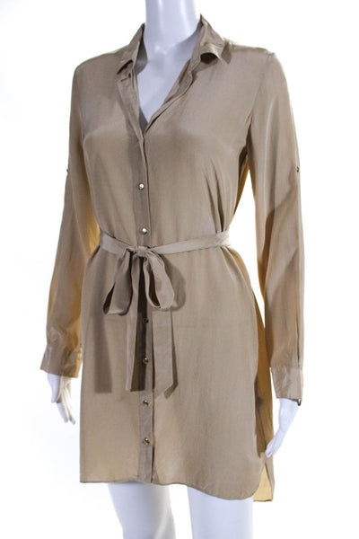 Club Monaco Women's Collared Long Sleeves Silk Button Up Mini Dress Beige Size 0