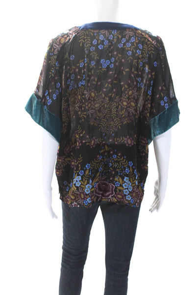 Warm Women's V-Neck Short Sleeves Sheer Slit Hem Floral Blouse Size M