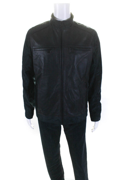 Bruno Magli Mens Lamb Leather Patchwork Zipped Long Sleeve Jacket Black Size M