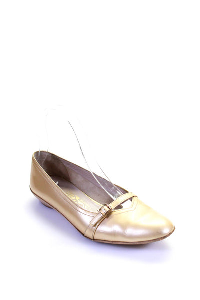 Salvatore Ferragamo Womens Patent Leather Buckle Up Ballet Flats Beige Size 6.5