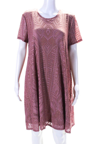 BCBGMAXAZRIA Mesh Knit Short Sleeve Crewneck Mini Lined Shift Dress Pink Size L