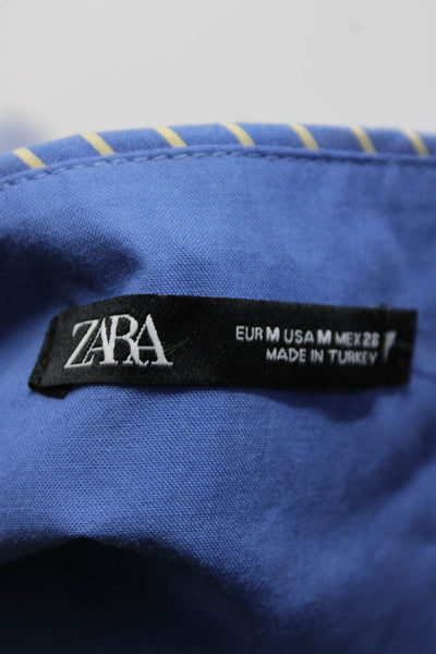 Zara Womens Cotton Striped Draped Strapless Zip Up Blouse Top Blue Size M
