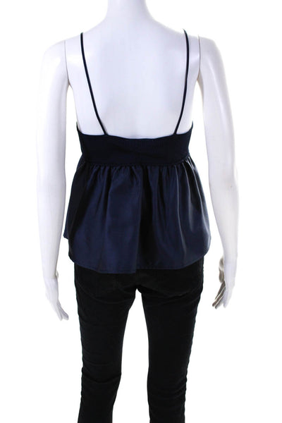 Zara Womens Ribbed Knit Satin V-Neck Tank Top Blouse Navy Blue Size M
