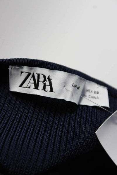 Zara Womens Ribbed Knit Satin V-Neck Tank Top Blouse Navy Blue Size M