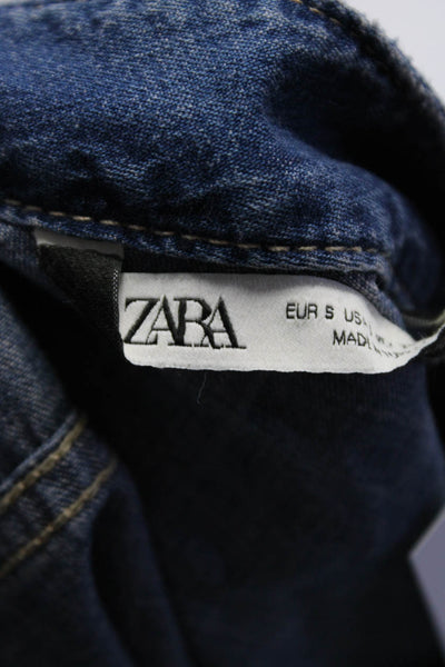 Zara Womens Denim Asymmetrical Neckline Button Up Blouse Top Blue Size S