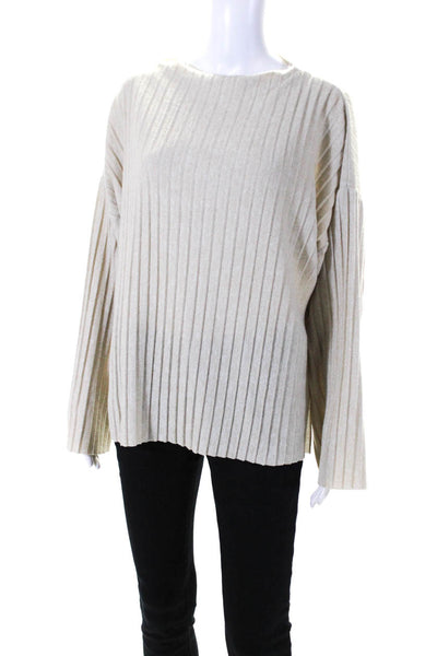 Zara Womens Pleated Knit Boat Neck Long Sleeve Sweater Top Beige Size M