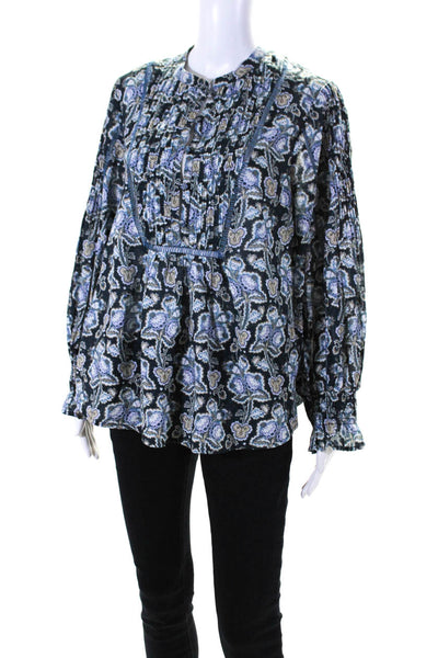 Anthropologie Womens Cotton Buttoned Pullover Long Sleeve Blouse Top Blue Size M