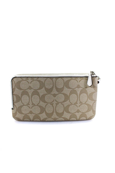 Coach Womens Monogram Canvas Leather Zip Around Beige Yellow Clutch Handbag