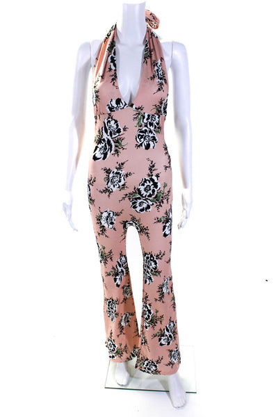 Rodarte Womens Floral Print V-Neck Sleeveless Halter Jumpsuit Peach Size XS