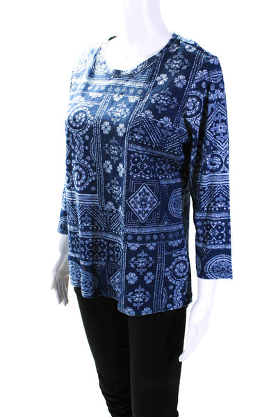 J. Mclaughlin Womens Cotton Abstract Print Long Sleeve Blouse Top Navy Size L