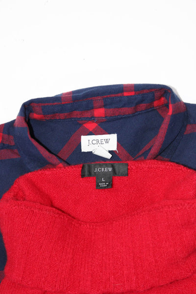 J Crew Womens Sweater Button Down Shirt Red Navy  Blue Size Large Lot 2