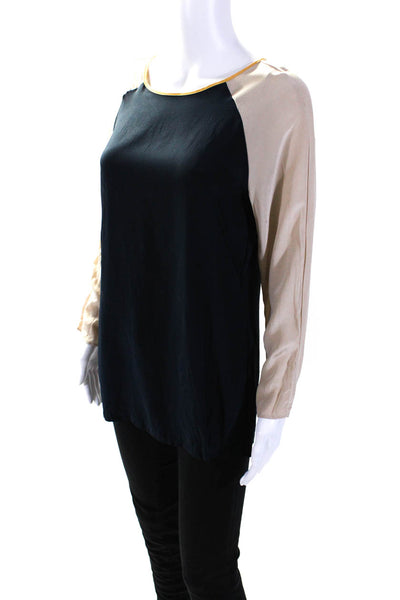 David Lerner Womens Silk Long Sleeves Blouse Navy Blue Beige Size Small