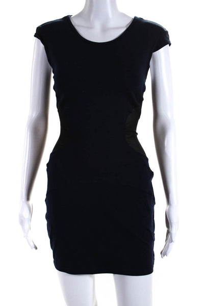 David Lerner Women's Round Neck Sleeveless Sheer Trim Mini Dress Navy Blue Size