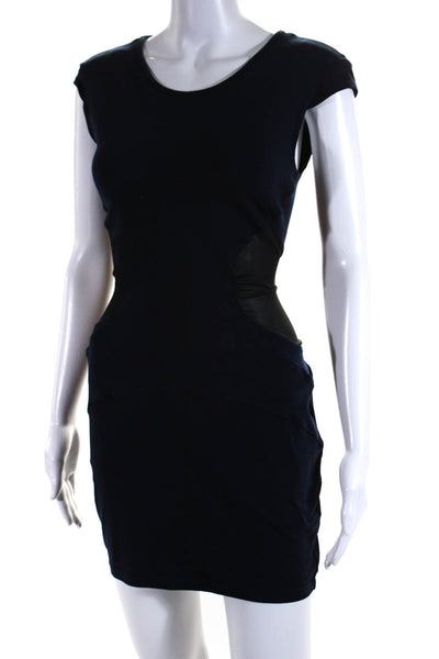 David Lerner Women's Round Neck Sleeveless Sheer Trim Mini Dress Navy Blue Size