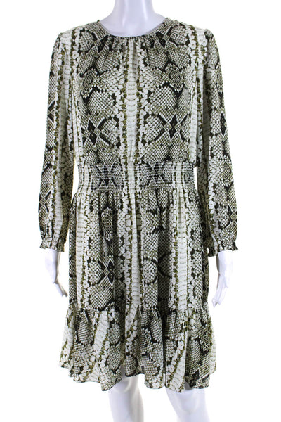 J Crew Womens Long Sleeves Smocked Waist Snake Print Fit Flare Midi Dress Size S