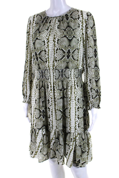 J Crew Womens Long Sleeves Smocked Waist Snake Print Fit Flare Midi Dress Size S