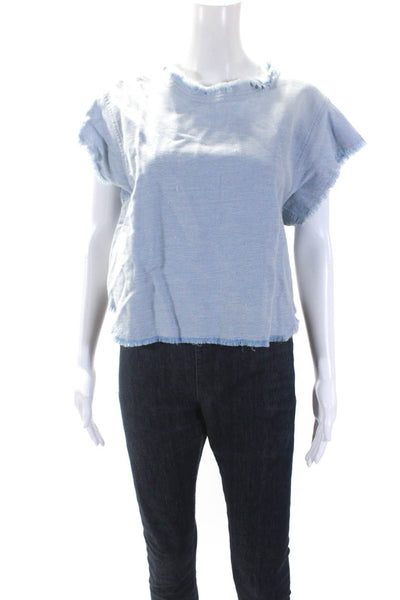 IRO Jeans Womens Cotton Denim Fringe Trim Short Sleeve Blouse Top Blue Size 34