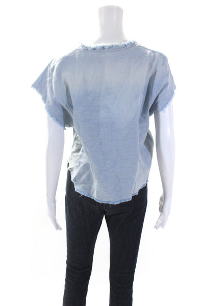 IRO Jeans Womens Cotton Denim Fringe Trim Short Sleeve Blouse Top Blue Size 34