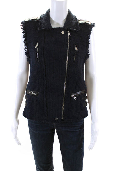 Rebecca Taylor womens Woven Cotton Blend Buckle Detail Zip Up Vest Navy Size 8