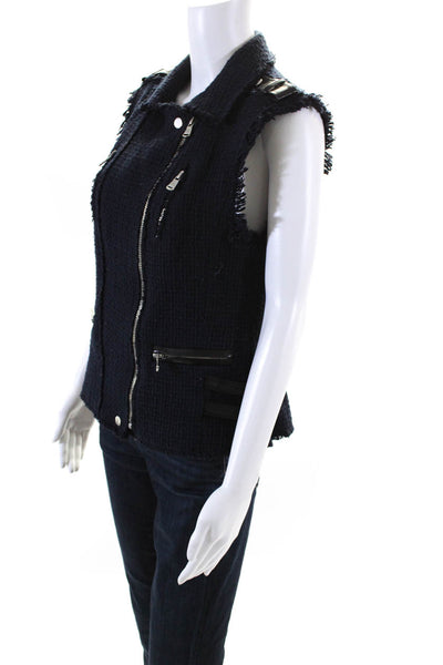 Rebecca Taylor womens Woven Cotton Blend Buckle Detail Zip Up Vest Navy Size 8