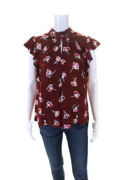 Rebecca Taylor Womens Silk Blend Floral Print Short Sleeve Blouse Top Red Size M