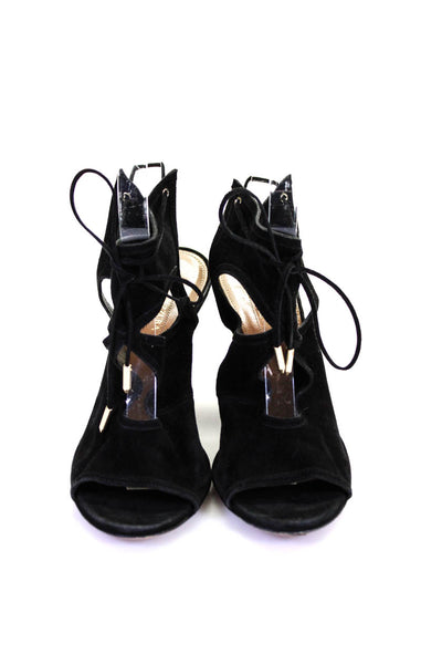 Aquazzura Womens Suede Peep Toe Lace Up Wedges Sandals Black Size 37.5 7.5