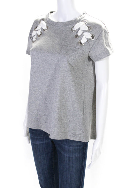 Sacai Womens Lace Up Short Sleeves Asymmetrical Tee Shirt Gray Cotton Size 1