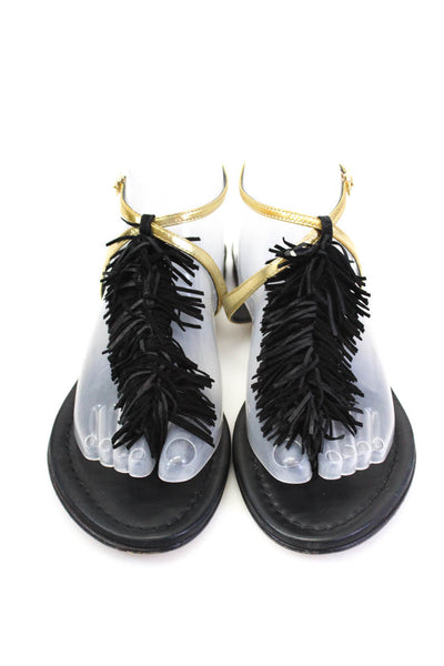 Visconti & Du Reau Womens Leather Fringe Thong Slingbacks Sandals Black Gold Siz