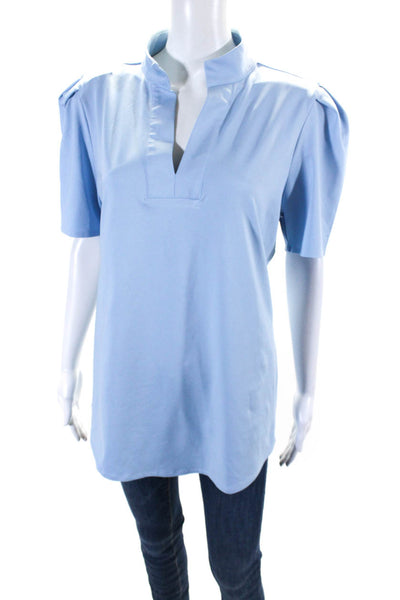 Dudley Stephens Womens Light Blue V-Neck Short Sleeve Blouse Top Size L