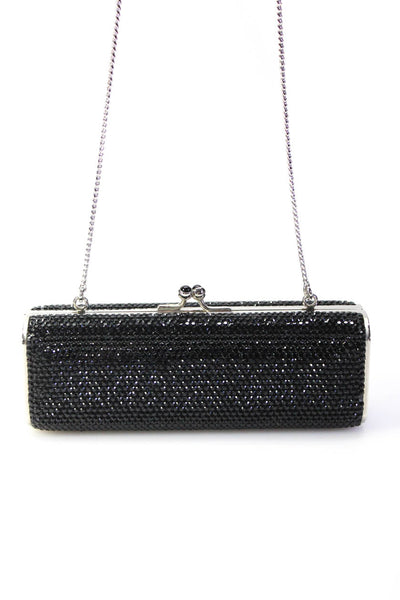 Judith Leiber Womens Mini Rhinestone Embellished Metal Clutch Handbag Black