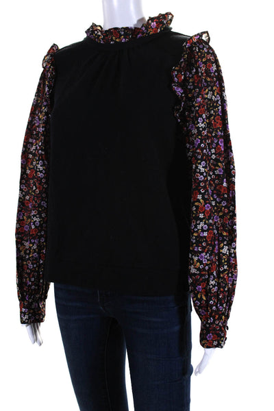 Who What Wear Womens Floral Ruffle Crew Neck Sweatshirt Blouse Black Size Large