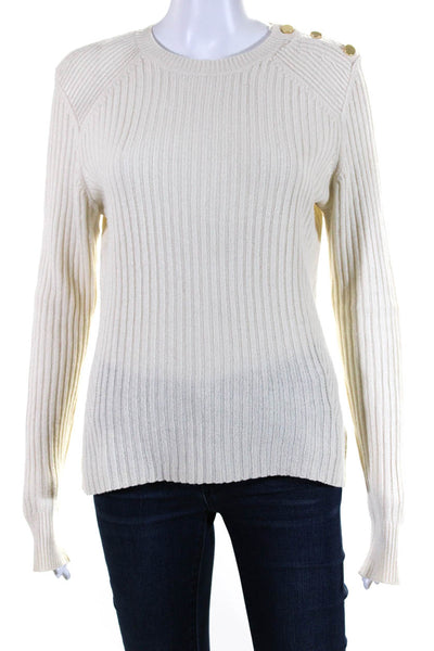 Intermix Womens Side Button Ribbed Crew Neck Sweater Cream Wool Size Medium