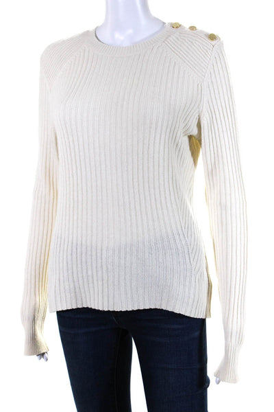 Intermix Womens Side Button Ribbed Crew Neck Sweater Cream Wool Size Medium