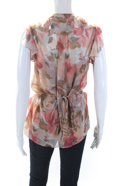 Rebecca Taylor Womens Ruffled V Neck Abstract Chiffon Top White Pink Silk Size 2