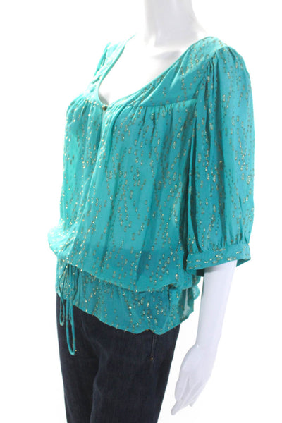 Twelfth Street by Cynthia Vincent Womens Metallic Silk Top Teal Size Small