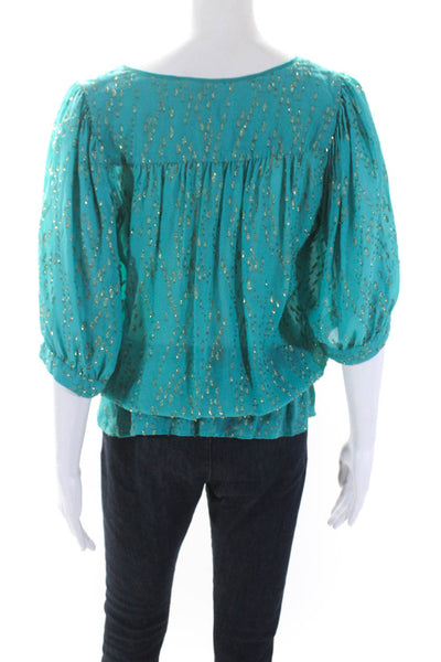 Twelfth Street by Cynthia Vincent Womens Metallic Silk Top Teal Size Small