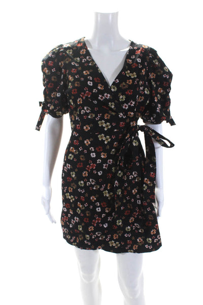 The Westside Womens Puff Sleeve Floral Mini Wrap Dress Black Red Brown Medium