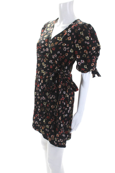 The Westside Womens Puff Sleeve Floral Mini Wrap Dress Black Red Brown Medium