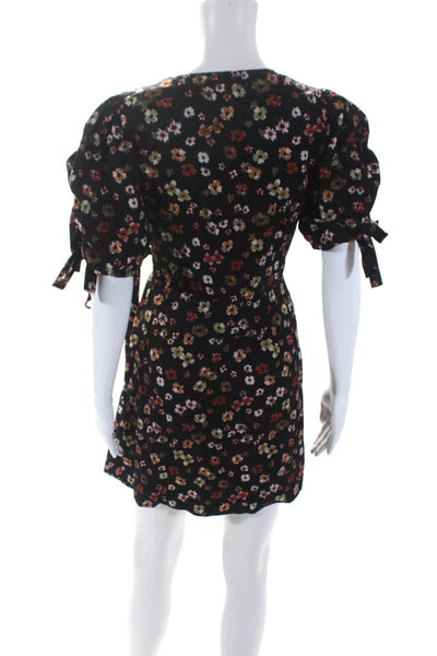 The Westside Womens Puff Sleeve Floral Mini Wrap Dress Black Red Brown Medium