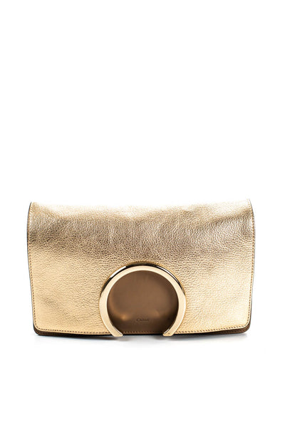 Chloe Womens Metallic Logo Flap Gabrielle Clutch Handbag Gold Tone Brown Leather