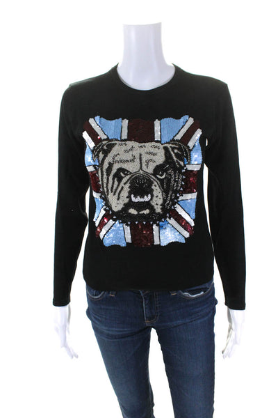 Designer Womens Long Sleeve Beaded English Bulldog Tee Shirt Black Cotton EU 32