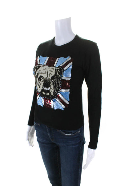 Designer Womens Long Sleeve Beaded English Bulldog Tee Shirt Black Cotton EU 32