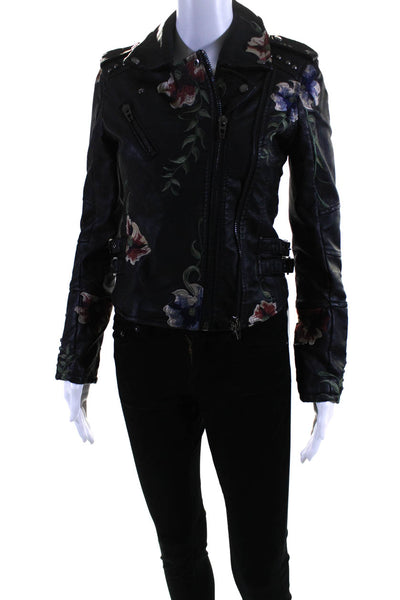 BLANKNYC Womens Front Zip Floral Embroidered Faux Leather Jacket Black Size XS