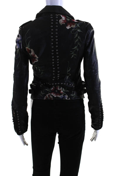 BLANKNYC Womens Front Zip Floral Embroidered Faux Leather Jacket Black Size XS